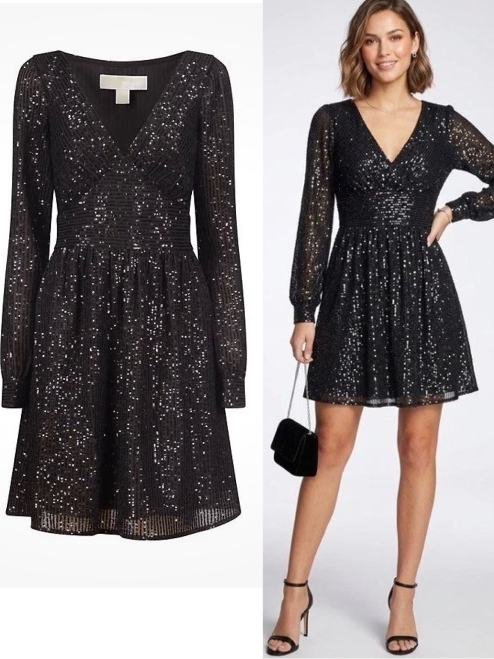 MICHAEL Michael Kors Mini Dress Black Silver Sequin Long Sleeve LBD Small